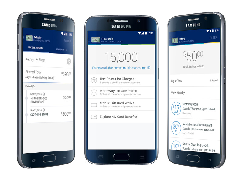 American Express Android activity, rewards and offers screens