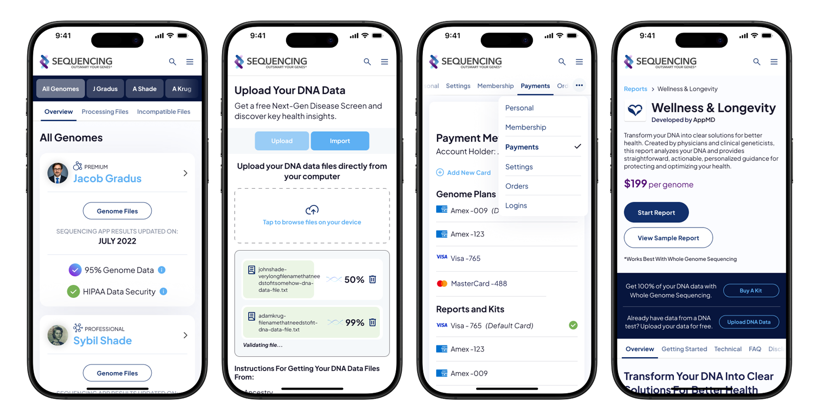 Sequencing consumer account, DNA upload, payment and wellness screens